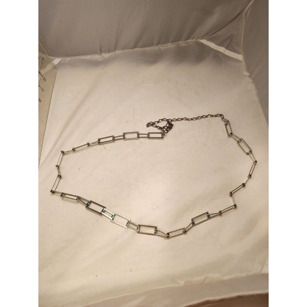 #7637 Rectangle Silver Tone Link Belt with blue Rhinestones Adjustable 42 inch